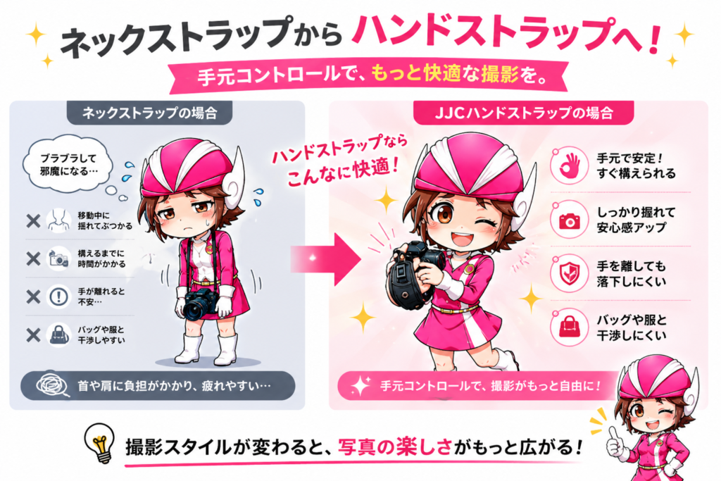 ネックストラップとハンドストラップ(JJCリストストラップ)の違いを比較した図解。ブラブラ感や邪魔さに悩む人向けに、手元の安定感や快適性を紹介