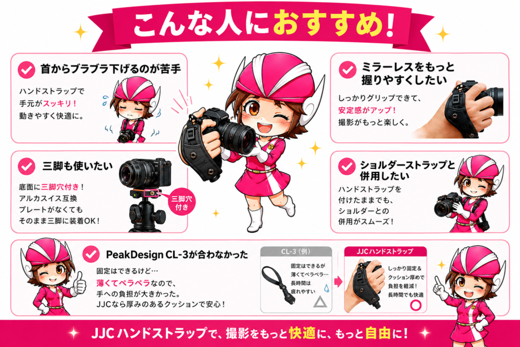 JJCリストストラップがおすすめな人をまとめた図解。首掛けが苦手な人、ミラーレスを握りやすくしたい人、三脚やショルダーストラップと併用したい人向け。