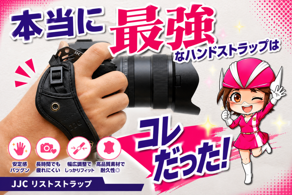 JJCハンドストラップを装着したミラーレス一眼カメラ