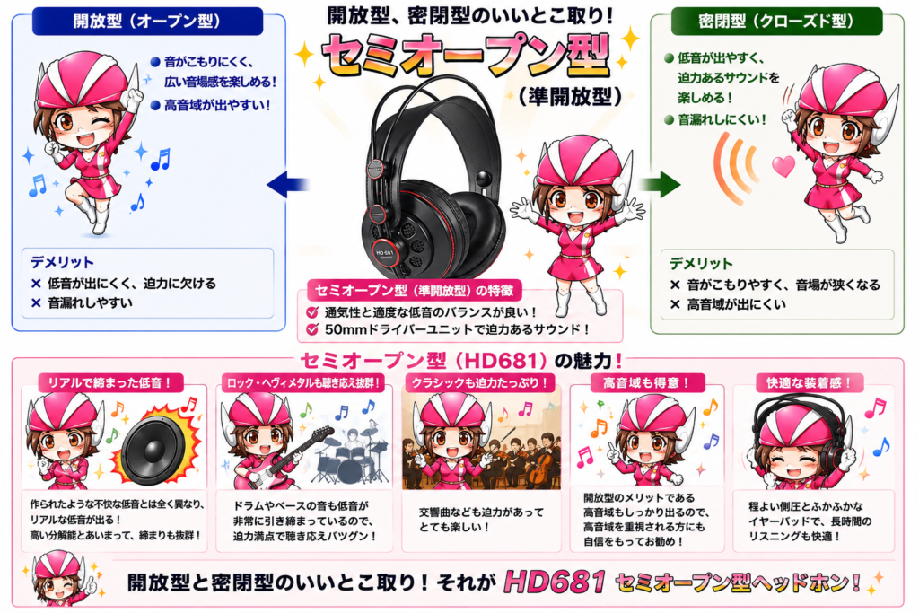 開放型・密閉型・セミオープン型の比較図。開放型は音場が広く高音が出やすいが音漏れしやすい、密閉型は低音が迫力ありで音漏れしにくいが音がこもりやすい。HD681はその中間のセミオープン型で、50mmドライバーによるリアルな低音、ロックやクラシックでの聴き応え、得意な高音域、快適な装着感が魅力