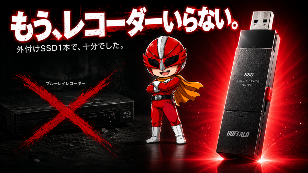 ブルーレイレコーダーをやめて外付けスティック型SSD1本に切り替えたことを示すアイキャッチ画像。デジかめんレッドがSSDを指さし、ブルーレイレコーダーの文字に赤い×印が重なっている。