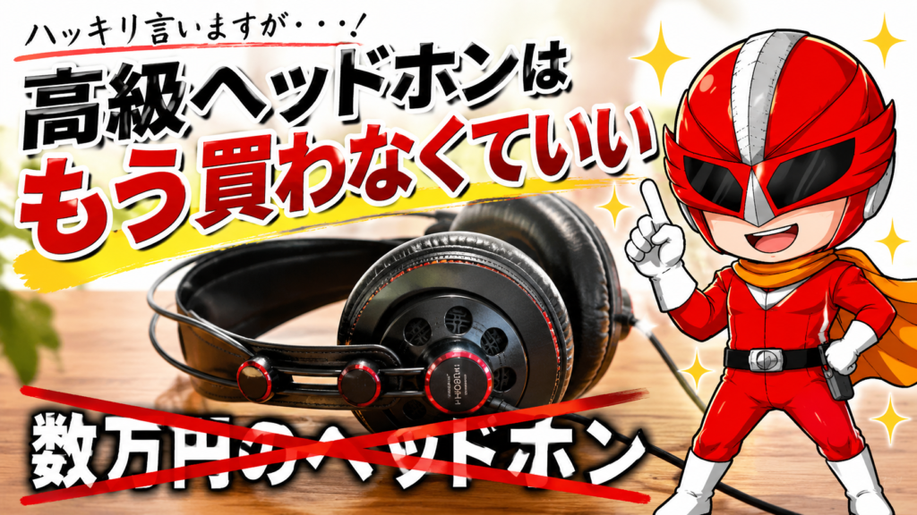 セミオープン式モニターヘッドホン「Superlux HD681」の5年間使用後レビュー。黒いハウジングに赤いリングがあしらわれたHD681本体の写真と、「【結論】高級ヘッドホンはもう買わなくていい」のコピー、指を立てたデジかめんレッドのキャラクターが配置されている