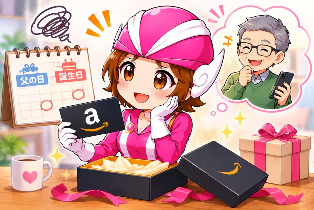 ALT(SEO寄り版)
父の日や誕生日プレゼント選びに悩む女性キャラクターと、Amazonギフトカードで解決する様子を描いたイラスト