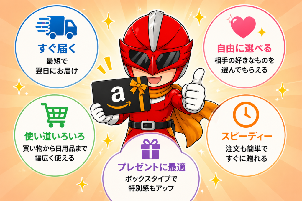 Amazonギフトカードのメリットを紹介する図解。デジかめんレッドがギフトカードを持ち、すぐ届く・自由に選べる・使い道が広い・プレゼントに最適といった特徴を紹介している。
