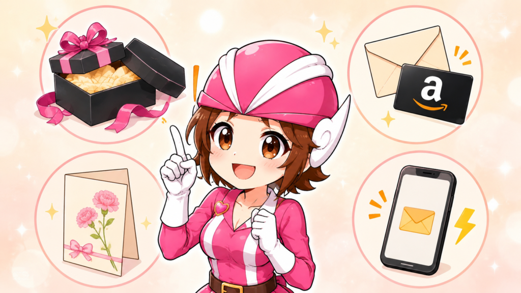デジかめんピンクが笑顔でポーズを取り、周囲にAmazonギフトカードの4タイプ(ボックス・封筒・グリーティングカード・eギフト)をイメージしたアイコンが配置された挿絵。プレゼントの選び方や贈り方の違いを楽しく表現している。