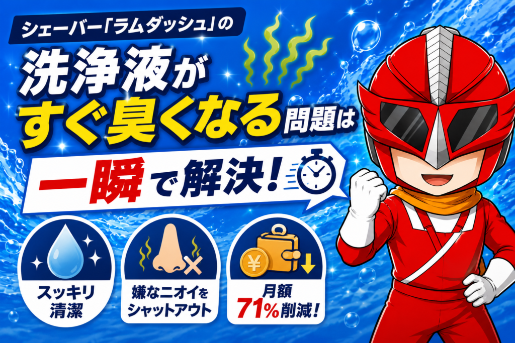 ラムダッシュ洗浄液がすぐ臭くなる問題を一瞬で解決する方法を紹介するアイキャッチ画像。月額71％削減とデジかめんレッドのイラスト入り