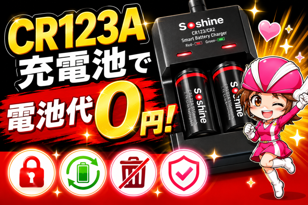 スマートロックのCR123A電池を充電式に替えてランニングコストを0円にする方法を紹介するアイキャッチ