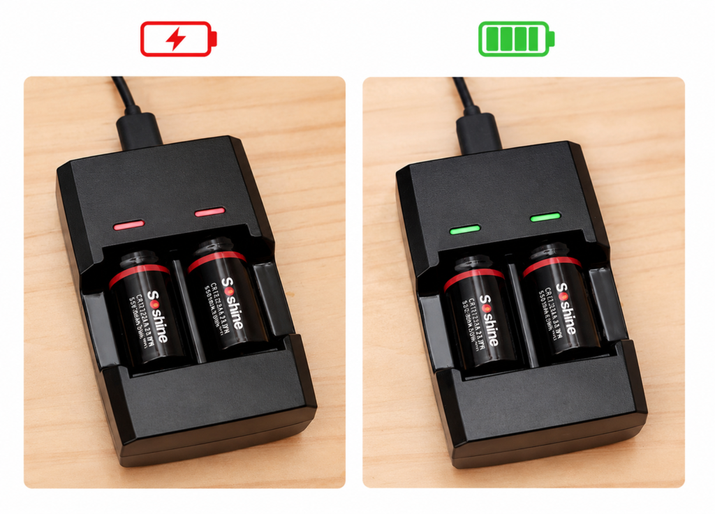 充電器のLEDランプ表示。赤点灯が充電中、緑点灯が充電完了を示す