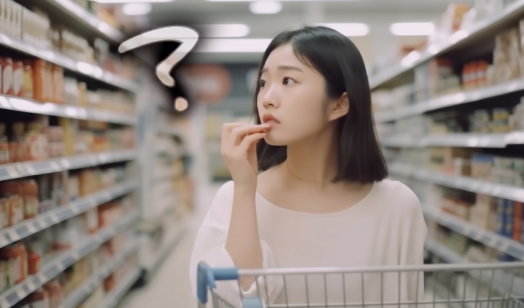 スーパーで買い物中に何を買うか悩んでいる女性
