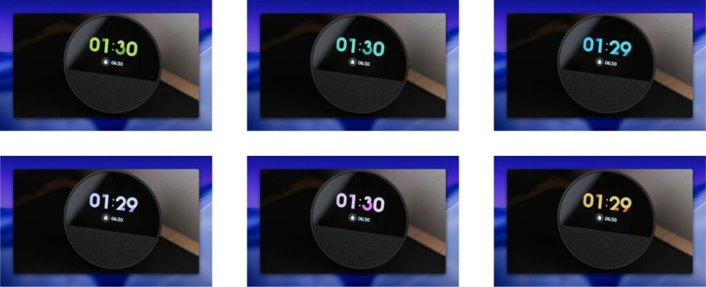 Echo Spotの時計文字色6種類の比較(緑・青緑・青・白・ピンク・黄の6色展開)