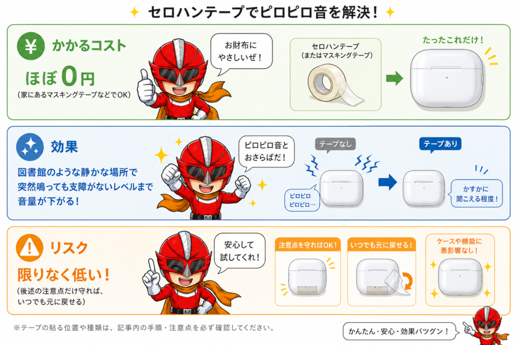 AirPods充電ケースのピロピロ音をセロハンテープで解決する方法を解説した図解