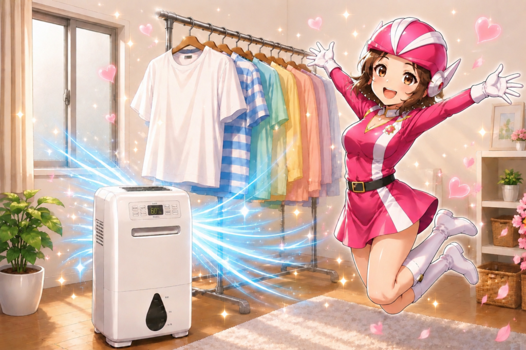 除湿機が部屋干しの洗濯物に風を当て、その快適さに喜ぶデジかめんピンク