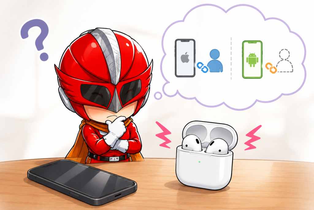AirPodsの持ち主判定について考えるデジかめんレッド。iPhoneとAndroidで持ち主との紐づき方が異なり、Androidではピロピロ音が発生しやすいことをイメージしたイラスト