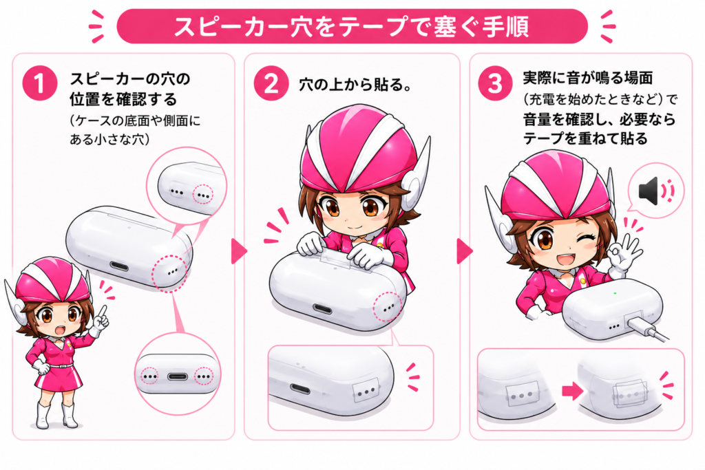 AirPodsケースのピロピロ音対策として、スピーカー穴をテープで塞ぐ方法を解説した手順図