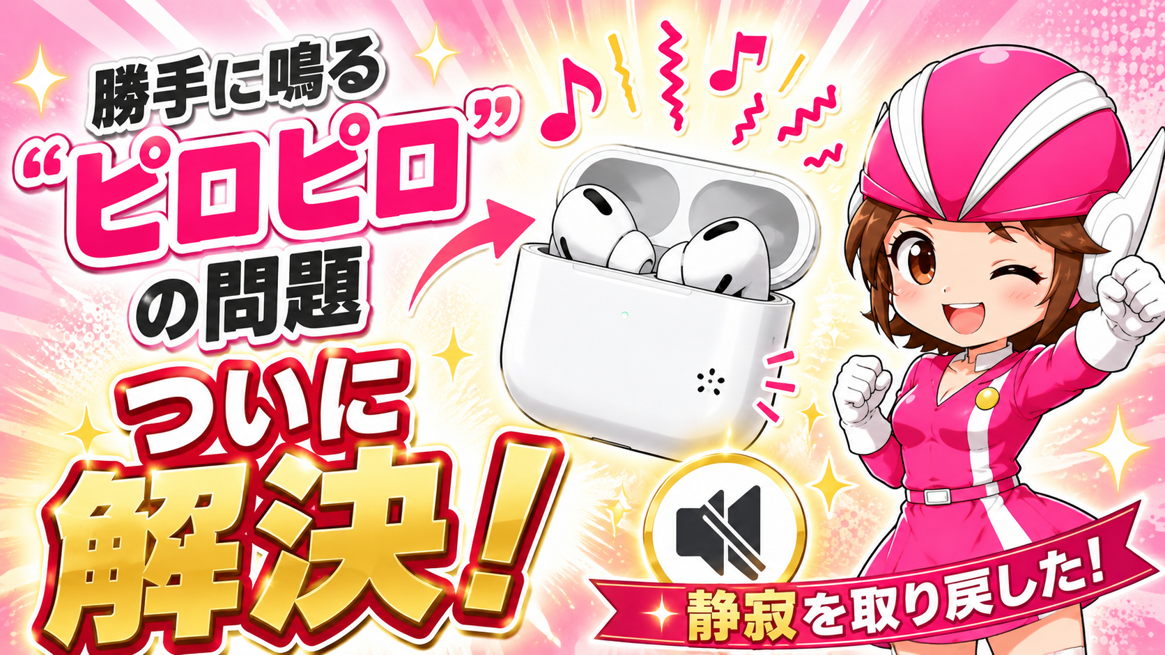 デジかめんピンクのキャラクターとAirPods Proの充電ケースを描いたアイキャッチ画像。「勝手に鳴るピロピロの問題ついに解決！静寂を取り戻した！」の文字と消音アイコン